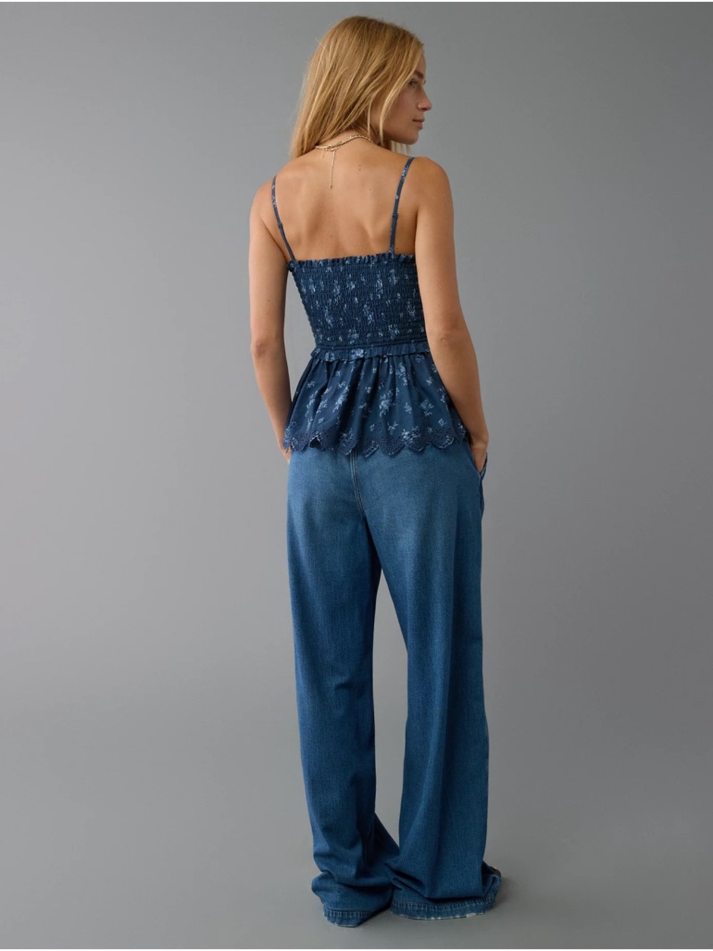 American Eagle Outfitters Navy Blue Smocked Floral Peplum Tank - Picture 5 of 10